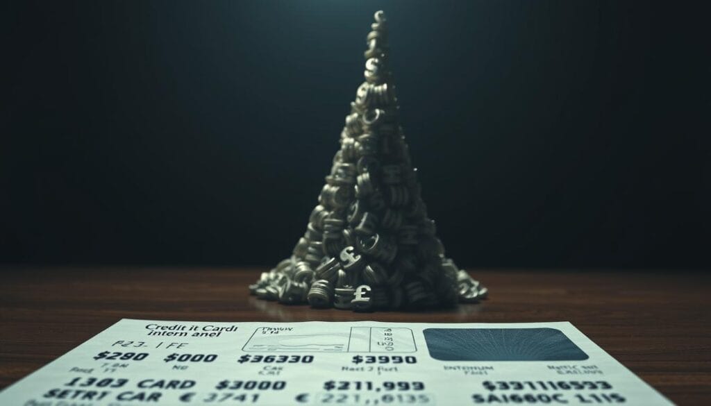 A meticulously detailed, photorealistic depiction of credit card interest accumulation over time. The foreground shows a credit card statement with growing balances, interest charges, and minimum payment amounts displayed in a stark, clinical manner. The middle ground features a three-dimensional representation of the compounding interest, visualized as a towering, spiky structure of currency symbols rising ominously. The background is a dimly lit, moody environment, conveying the sense of financial burden and dread. The lighting is low-key, creating dramatic shadows that emphasize the gravity of the situation. The overall mood is one of financial distress and the relentless, inescapable nature of credit card interest. A meticulously detailed, photorealistic depiction of credit card interest accumulation over time. The foreground shows a credit card statement with growing balances, interest charges, and minimum payment amounts displayed in a stark, clinical manner. The middle ground features a three-dimensional representation of the compounding interest, visualized as a towering, spiky structure of currency symbols rising ominously. The background is a dimly lit, moody environment, conveying the sense of financial burden and dread. The lighting is low-key, creating dramatic shadows that emphasize the gravity of the situation. The overall mood is one of financial distress and the relentless, inescapable nature of credit card interest.