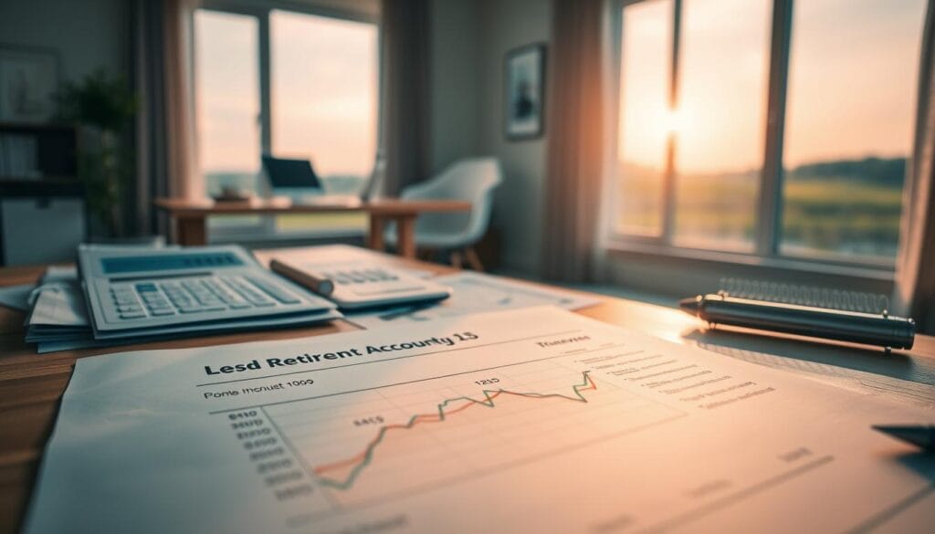 A meticulously rendered image of a retirement account, captured with a wide-angle lens in warm, soft lighting. In the foreground, a detailed illustration of a retirement savings account statement, with line graphs and investment icons. In the middle ground, a collection of financial planning documents, including retirement calculators and investment portfolio analysis. In the background, a serene, minimalist office setting with a desk, chair, and a large window overlooking a tranquil landscape, conveying a sense of financial stability and long-term planning.