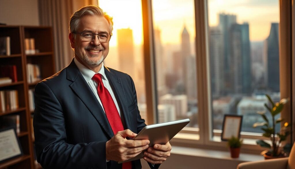 A middle-aged Caucasian man with a friendly, professional demeanor wearing a navy blue suit and a red tie, standing in a tastefully decorated office with a large window overlooking a bustling city skyline. The lighting is warm and inviting, creating a sense of trust and expertise. The man is holding a tablet, appearing engaged and attentive, ready to discuss financial planning options with a senior client. The background showcases a bookshelf, a framed certificate, and a subtle potted plant, conveying the image of a seasoned, trustworthy financial advisor.
