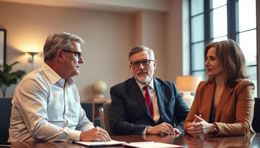 A middle-aged couple sits at a desk, engaged in a thoughtful discussion with a financial advisor dressed in a suit, their faces expressing deep concentration. The lighting is warm and inviting, with a hint of natural daylight filtering through large windows in the background. The room has a sense of professionalism and trust, with tasteful decor and a subtle color palette. The overall atmosphere conveys the importance of making an informed decision when choosing a financial advisor to guide one's financial future.