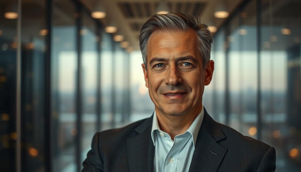 A middle-aged financial advisor in a well-tailored suit, standing confidently in a modern, glass-enclosed office. The lighting is warm and inviting, with soft shadows accentuating his features. The background blurs into a cityscape, suggesting a professional, urban setting. The advisor's expression is one of calm expertise, conveying a sense of trust and reliability. The overall scene evokes a feeling of security and expertise, perfectly suited for an article on Edwards Jones' services for seniors.