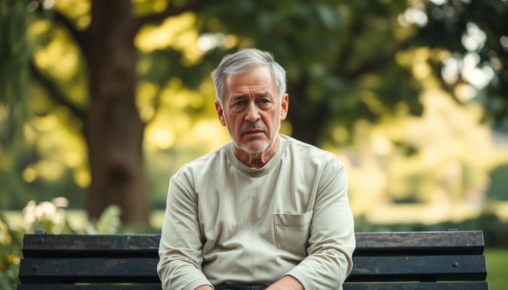 A middle-aged man sitting alone on a bench, his face etched with worry and longing. The background is a blurred, serene garden, with soft natural lighting filtering through the trees. He wears a simple, neutral-toned outfit, conveying a sense of quiet contemplation. The composition is balanced, with the man occupying the center, creating a palpable sense of isolation and solitude. The overall mood is one of introspection, reflecting the challenges of caring for a spouse with differing care needs.