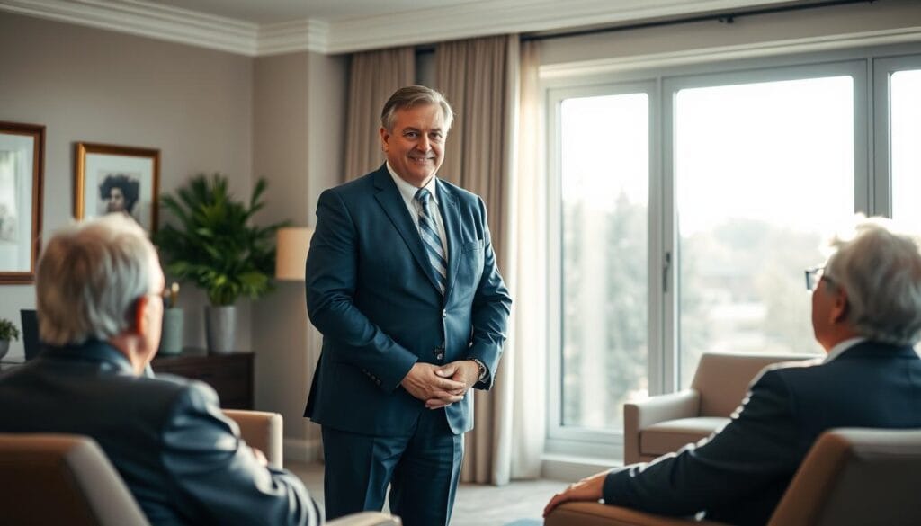 A middle-aged man with a warm, friendly demeanor, dressed in a crisp, navy blue suit, standing confidently in a spacious, sunlit office. He leans forward, hands clasped, as he engages in a thoughtful discussion with a senior couple seated across from him. The room has a sophisticated, professional atmosphere, with tasteful décor and a large window offering a tranquil, natural backdrop. The lighting is soft and diffused, creating a sense of trust and approachability. The overall scene conveys the expertise and care a certified financial planner brings to guiding their clients towards a secure and comfortable retirement.