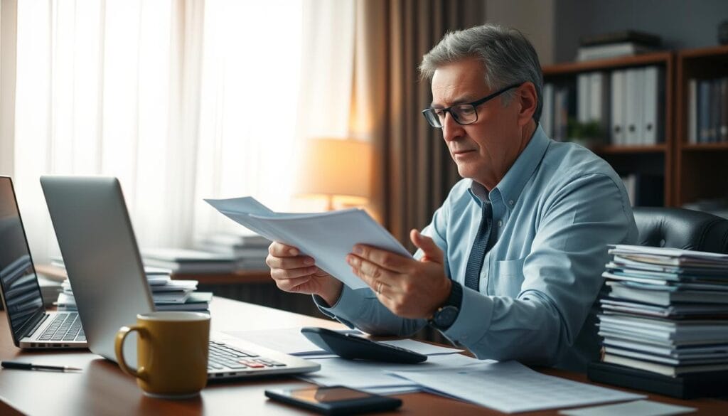 A middle-aged person sitting at a desk, intently studying financial documents and calculators, with a look of determination on their face. The desk is cluttered with stacks of papers, a laptop, and a mug of coffee, reflecting the person's focus on catching up on their retirement planning. The room is softly lit, with warm tones and a sense of urgency, conveying the importance of the task at hand. The person is dressed in business attire, suggesting a professional or executive setting. The overall atmosphere evokes a sense of responsibility and a desire to take control of one's financial future. A middle-aged person sitting at a desk, intently studying financial documents and calculators, with a look of determination on their face. The desk is cluttered with stacks of papers, a laptop, and a mug of coffee, reflecting the person's focus on catching up on their retirement planning. The room is softly lit, with warm tones and a sense of urgency, conveying the importance of the task at hand. The person is dressed in business attire, suggesting a professional or executive setting. The overall atmosphere evokes a sense of responsibility and a desire to take control of one's financial future.