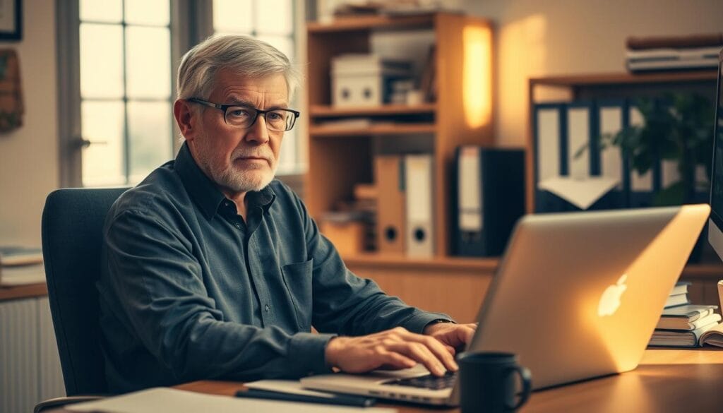 A middle-aged person sitting at a desk, still working diligently on a laptop, surrounded by an organized office setup. Warm, natural lighting illuminates the scene, creating a cozy, productive atmosphere. The individual appears focused and engaged, their face lit with a determined expression. In the background, a bookshelf or filing cabinet provides a sense of professionalism and routine. The overall composition conveys a sense of continued professional activity and a commitment to one's career, even after the traditional retirement age.
