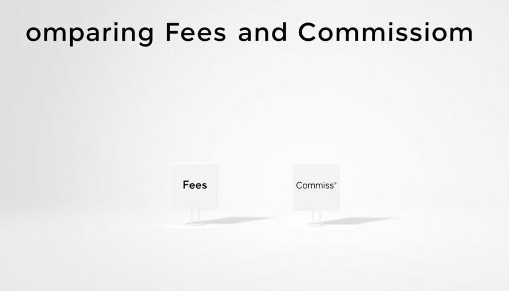 A minimalist yet visually striking illustration of "Comparing Fees and Commissions". A clean, white background provides a serene canvas. In the foreground, two identical icons, one labeled "Fees" and the other "Commissions", stand side by side, inviting the viewer to visually contrast and compare their respective sizes. The icons are rendered in a simple, geometric style, lending an air of professionalism and clarity. Subtle shadows cast beneath the icons create a sense of depth and dimensionality. The overall composition is balanced, with ample negative space to allow the key elements to take center stage, reflecting the clear focus of the section title. A minimalist yet visually striking illustration of "Comparing Fees and Commissions". A clean, white background provides a serene canvas. In the foreground, two identical icons, one labeled "Fees" and the other "Commissions", stand side by side, inviting the viewer to visually contrast and compare their respective sizes. The icons are rendered in a simple, geometric style, lending an air of professionalism and clarity. Subtle shadows cast beneath the icons create a sense of depth and dimensionality. The overall composition is balanced, with ample negative space to allow the key elements to take center stage, reflecting the clear focus of the section title.