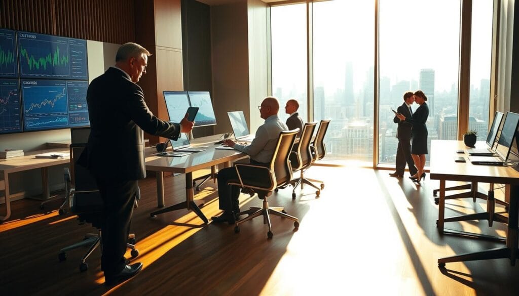 A modern financial office with sleek desks, ergonomic chairs, and digital displays showcasing graphs and charts. Sunlight streams through large windows, casting a warm glow on the polished wooden floors and minimalist decor. In the foreground, a financial advisor gestures towards a tablet, explaining investment strategies to a senior client seated across the desk. The middle ground features a team of analysts collaborating on complex financial models, their faces illuminated by the soft ambient lighting. In the background, a panoramic view of a bustling city skyline, representing the global reach and expertise of the Cambridge Investment Research Advisors firm. A modern financial office with sleek desks, ergonomic chairs, and digital displays showcasing graphs and charts. Sunlight streams through large windows, casting a warm glow on the polished wooden floors and minimalist decor. In the foreground, a financial advisor gestures towards a tablet, explaining investment strategies to a senior client seated across the desk. The middle ground features a team of analysts collaborating on complex financial models, their faces illuminated by the soft ambient lighting. In the background, a panoramic view of a bustling city skyline, representing the global reach and expertise of the Cambridge Investment Research Advisors firm.