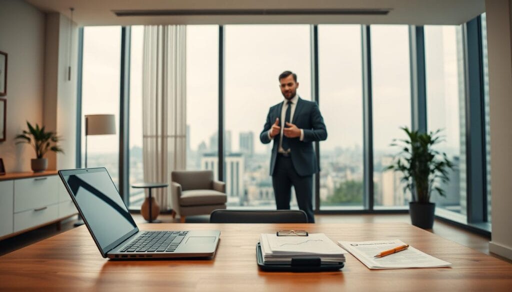 A modern financial planning office with minimalist decor and warm lighting. In the foreground, a wooden desk with a laptop, calculator, and stack of documents. In the middle ground, a person in formal attire standing, gesturing towards the desk. In the background, floor-to-ceiling windows overlooking a cityscape, creating a sense of professionalism and expertise. The overall atmosphere is one of thoughtful guidance and financial security.