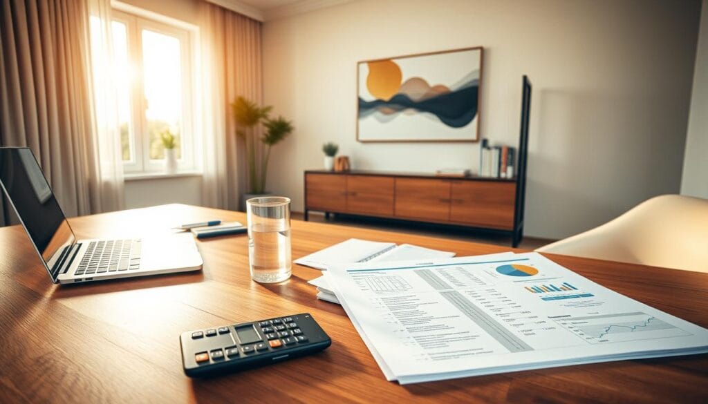 A modern, minimalist home office scene with a large wooden desk, a sleek laptop, and a variety of financial documents neatly arranged. Warm natural lighting streams in through floor-to-ceiling windows, casting a soft glow over the space. On the desk, a pen, a calculator, and a glass of water sit alongside a personalized financial plan, its pages open and highlighted. In the background, a stylish bookshelf filled with finance-related books and a piece of abstract art on the wall, creating a sense of professionalism and expertise. The overall atmosphere conveys a thoughtful, tailored approach to financial planning.