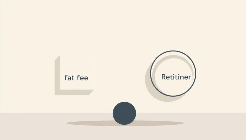 A modern, minimalist illustration depicting the concepts of "flat fee" and "retainer" financial advisory services. In the foreground, a clean geometric design showcases the two payment models - a simple square representing the flat fee, and an elegant circle denoting the retainer. The background features a soft, muted color palette, conveying a sense of professionalism and reliability. Subtle lighting casts a subtle shadow, adding depth and dimension to the composition. The overall mood is one of clarity, balance, and financial trust. A modern, minimalist illustration depicting the concepts of "flat fee" and "retainer" financial advisory services. In the foreground, a clean geometric design showcases the two payment models - a simple square representing the flat fee, and an elegant circle denoting the retainer. The background features a soft, muted color palette, conveying a sense of professionalism and reliability. Subtle lighting casts a subtle shadow, adding depth and dimension to the composition. The overall mood is one of clarity, balance, and financial trust.