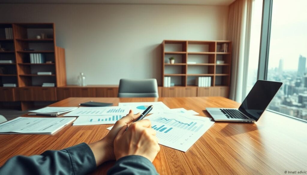 A modern, minimalist office setting with a large wooden desk, a laptop, and various financial planning documents neatly arranged. In the foreground, a person's hands holding a pen, reviewing financial charts and graphs. Warm, directional lighting illuminates the scene, casting a soft glow on the workspace. The background features a simple, elegant bookshelf and a large window overlooking a cityscape, suggesting a professional, high-end financial advisory environment. The overall atmosphere conveys a sense of thoughtful, detailed financial planning. A modern, minimalist office setting with a large wooden desk, a laptop, and various financial planning documents neatly arranged. In the foreground, a person's hands holding a pen, reviewing financial charts and graphs. Warm, directional lighting illuminates the scene, casting a soft glow on the workspace. The background features a simple, elegant bookshelf and a large window overlooking a cityscape, suggesting a professional, high-end financial advisory environment. The overall atmosphere conveys a sense of thoughtful, detailed financial planning.