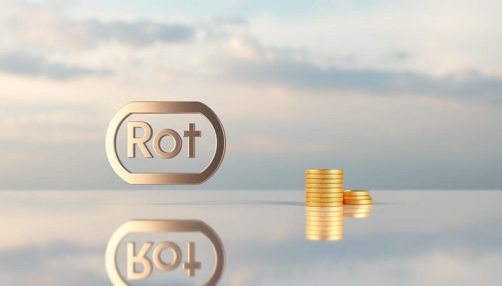 A modern, minimalist rendering of a Roth IRA account. In the foreground, a sleek, metallic Roth IRA logo hovers above a reflective surface, casting a soft, mirrored image. The middle ground features a stack of gold coins, symbolizing the growth and compound interest of a Roth IRA investment. The background is a serene, gradient-filled sky, evoking a sense of financial security and long-term planning. The lighting is soft and directional, creating depth and highlighting the key elements. The overall mood is one of sophistication, stability, and the potential for a secure retirement.