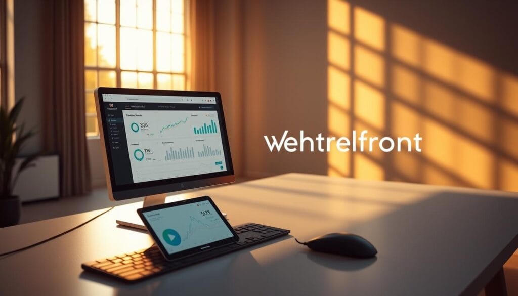 A modern, minimalist workspace with a sleek desktop computer, a tablet displaying financial charts and graphs, a wireless mouse and keyboard, and a succinct "Wealthfront" logo prominently featured. The scene is lit by warm, natural lighting streaming in through large windows, creating a tranquil, focused atmosphere. The arrangement conveys an efficient, user-friendly financial planning experience. The overall composition emphasizes simplicity, functionality, and a premium aesthetic, reflecting the section's title "Wealthfront: Cost-Effective and Feature-Rich".