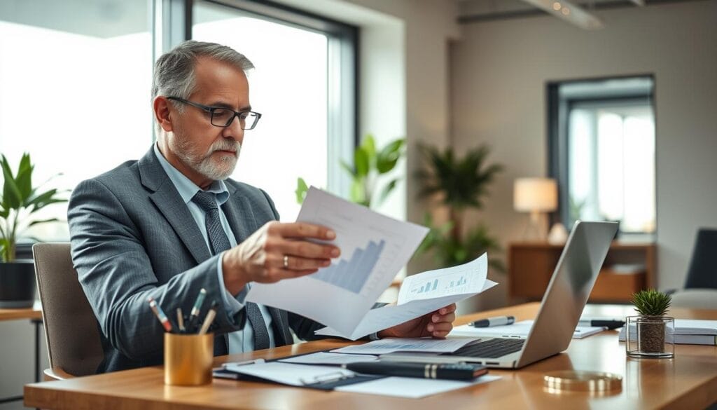 A modern office interior with a middle-aged financial advisor sitting at a desk, evaluating financial documents and charts on a laptop. The room is well-lit with soft natural lighting from large windows, creating a professional yet approachable atmosphere. The advisor wears a crisp, tailored suit and has an expression of focused concentration. On the desk, there are various financial tools and accessories, such as a pen holder, calculator, and a small potted plant, suggesting attention to detail and a personalized workspace. The background features minimal, elegant decor, allowing the subject to remain the central focus.