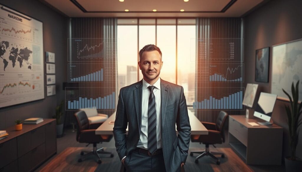 A modern office setting with a professional broker-dealer at the center, surrounded by financial charts, graphs, and analytical tools. The broker-dealer is dressed in a sharp suit, exuding confidence and expertise. The lighting is warm and inviting, casting a glow over the scene. In the background, a sleek, minimalist desk and a large window overlooking a cityscape. The overall atmosphere conveys a sense of sophistication, reliability, and financial acumen.