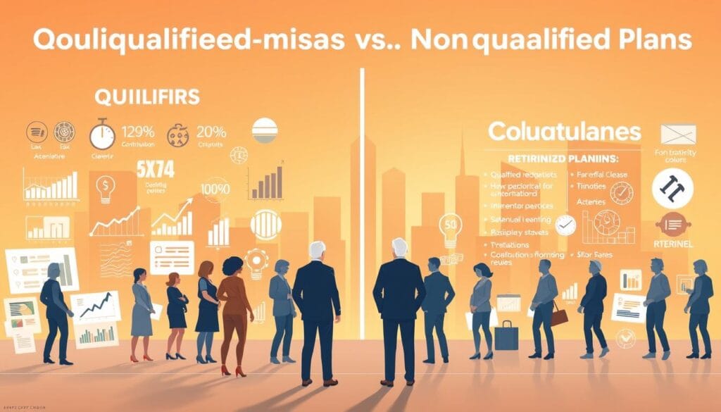 A modern, stylized illustration depicting the key differences between qualified and nonqualified retirement plans. In the foreground, a group of people representing retirees stand amidst financial charts, graphs, and icons symbolizing the distinct characteristics of each plan type. The middle ground features a clear dividing line, with qualified plans on one side and nonqualified on the other, each with their own set of visual cues like tax benefits, contribution limits, and withdrawal rules. The background showcases a sleek, minimalist cityscape bathed in a warm, professional color palette, conveying the seriousness and importance of this financial decision for retirees. A modern, stylized illustration depicting the key differences between qualified and nonqualified retirement plans. In the foreground, a group of people representing retirees stand amidst financial charts, graphs, and icons symbolizing the distinct characteristics of each plan type. The middle ground features a clear dividing line, with qualified plans on one side and nonqualified on the other, each with their own set of visual cues like tax benefits, contribution limits, and withdrawal rules. The background showcases a sleek, minimalist cityscape bathed in a warm, professional color palette, conveying the seriousness and importance of this financial decision for retirees.
