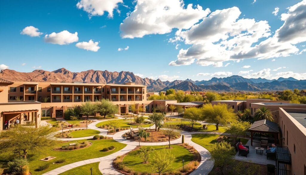 A modern, sun-drenched independent living community nestled in the picturesque Arizona landscape. The foreground features a well-manicured courtyard with lush greenery, winding paths, and comfortable seating areas where active seniors socialize and enjoy the pleasant weather. In the middle ground, a contemporary, multi-story building with clean architectural lines and large windows invites a sense of openness and community. The background showcases the iconic Sonoran desert, with rugged mountains and a vibrant blue sky dotted with fluffy white clouds, creating a tranquil, serene atmosphere. Warm, diffused lighting accentuates the vibrant colors and natural textures, conveying a mood of comfort, relaxation, and active, fulfilling retirement. A modern, sun-drenched independent living community nestled in the picturesque Arizona landscape. The foreground features a well-manicured courtyard with lush greenery, winding paths, and comfortable seating areas where active seniors socialize and enjoy the pleasant weather. In the middle ground, a contemporary, multi-story building with clean architectural lines and large windows invites a sense of openness and community. The background showcases the iconic Sonoran desert, with rugged mountains and a vibrant blue sky dotted with fluffy white clouds, creating a tranquil, serene atmosphere. Warm, diffused lighting accentuates the vibrant colors and natural textures, conveying a mood of comfort, relaxation, and active, fulfilling retirement.