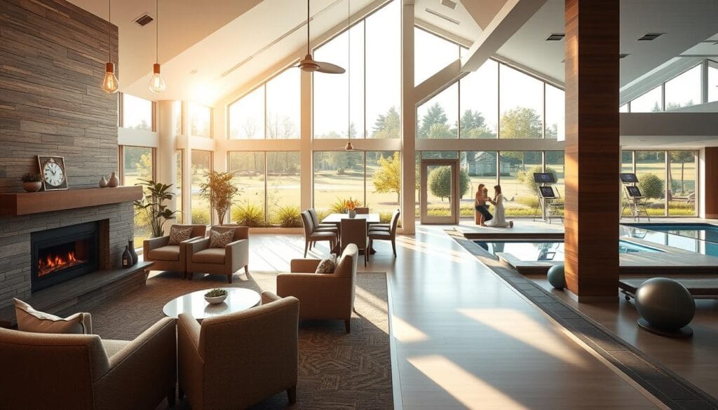 A modern, sun-lit retirement community clubhouse interior. In the foreground, a well-appointed lounge with plush armchairs and a cozy fireplace. In the middle ground, an airy dining area with glass walls offering scenic views of lush landscaping. In the background, a state-of-the-art fitness center with yoga studio and indoor pool. Warm, natural lighting filters through large windows, creating a tranquil, spa-like ambiance. The space exudes elegance, comfort and a sense of active, fulfilling senior living. A modern, sun-lit retirement community clubhouse interior. In the foreground, a well-appointed lounge with plush armchairs and a cozy fireplace. In the middle ground, an airy dining area with glass walls offering scenic views of lush landscaping. In the background, a state-of-the-art fitness center with yoga studio and indoor pool. Warm, natural lighting filters through large windows, creating a tranquil, spa-like ambiance. The space exudes elegance, comfort and a sense of active, fulfilling senior living.