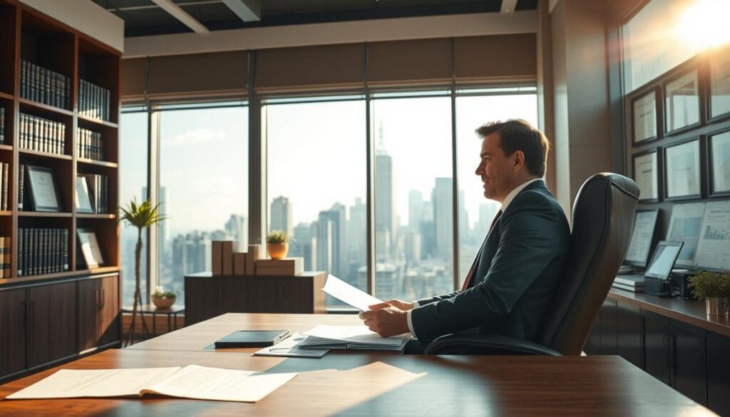 A modern, well-appointed office with floor-to-ceiling windows overlooking a bustling city skyline. Sunlight streams in, casting a warm glow on a large wooden desk where a financial advisor sits, reviewing documents and charts. Shelves of leather-bound books and framed financial certificates adorn the walls, conveying a sense of expertise and professionalism. The advisor, dressed in a crisp suit, leans back in their chair, deep in concentration, as they evaluate the financial information in front of them. The atmosphere is one of focused deliberation, with the advisor's expression conveying a thoughtful, analytical approach to their work.
