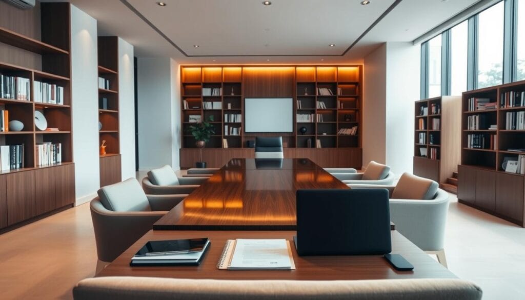 A modern, well-appointed wealth management firm office interior. A sleek, minimalist design with clean lines and neutral tones. Warm, diffused lighting from large windows illuminates the space, casting a soft glow. At the center, a polished wooden conference table surrounded by plush, contemporary seating. Bookshelves line the walls, filled with financial publications. On the desk, a laptop, tablet, and neatly organized papers convey a sense of professionalism and attention to detail. The overall atmosphere is one of sophistication, expertise, and personalized service, reflecting the firm's commitment to providing comprehensive wealth management solutions. A modern, well-appointed wealth management firm office interior. A sleek, minimalist design with clean lines and neutral tones. Warm, diffused lighting from large windows illuminates the space, casting a soft glow. At the center, a polished wooden conference table surrounded by plush, contemporary seating. Bookshelves line the walls, filled with financial publications. On the desk, a laptop, tablet, and neatly organized papers convey a sense of professionalism and attention to detail. The overall atmosphere is one of sophistication, expertise, and personalized service, reflecting the firm's commitment to providing comprehensive wealth management solutions.