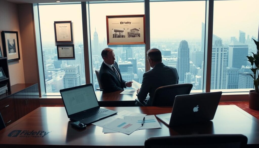 A modern, well-lit office interior with a large window overlooking a cityscape. In the foreground, a mahogany desk with a laptop, financial documents, and a stylized Fidelity Investments logo. Behind the desk, a professional-looking financial advisor in a suit is reviewing paperwork with a client seated across from them. The walls are adorned with framed certificates and awards, conveying a sense of expertise and trustworthiness. Subtle, warm lighting creates a calm, reassuring atmosphere, with the cityscape visible in the background, suggesting a comprehensive approach to financial planning.