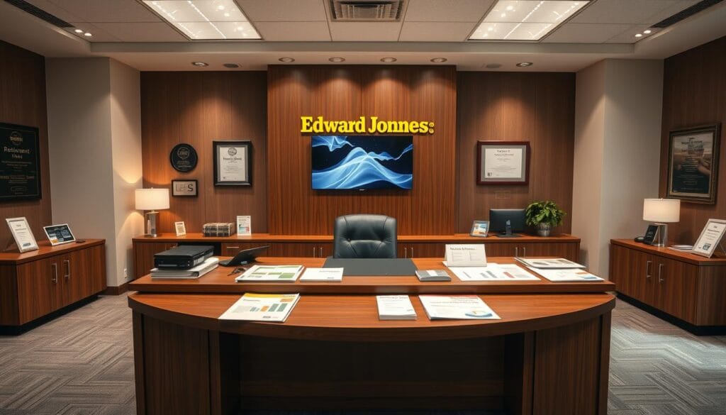 A modern, well-lit office setting with a large wooden desk showcasing a variety of investment options from Edward Jones. On the desk, there are brochures, graphs, and financial documents highlighting their diverse portfolio of services, including retirement planning, wealth management, and brokerage accounts. The walls feature awards and certifications, conveying the firm's expertise and trustworthiness. The overall atmosphere is professional, sophisticated, and reassuring, catering to the needs of senior investors seeking reliable financial guidance.