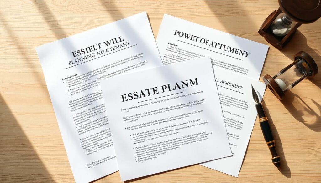 A neatly arranged tabletop featuring essential estate planning documents, including a last will and testament, power of attorney, living will, and trust agreement. The documents are placed on a light-colored wooden surface, bathed in warm, natural lighting that casts soft shadows. The composition is balanced, with the documents positioned in the center, surrounded by a few subtle decorative elements like a quill pen and an hourglass, conveying a sense of timelessness and importance. The overall mood is one of organization, clarity, and attention to detail, reflecting the careful planning and preparation required for securing one's estate. A neatly arranged tabletop featuring essential estate planning documents, including a last will and testament, power of attorney, living will, and trust agreement. The documents are placed on a light-colored wooden surface, bathed in warm, natural lighting that casts soft shadows. The composition is balanced, with the documents positioned in the center, surrounded by a few subtle decorative elements like a quill pen and an hourglass, conveying a sense of timelessness and importance. The overall mood is one of organization, clarity, and attention to detail, reflecting the careful planning and preparation required for securing one's estate.