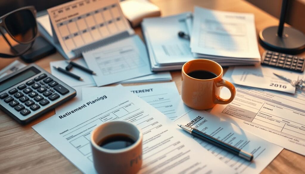 A neatly organized desk with various financial documents, bills, and a calculator. Soft, warm lighting illuminates the scene, casting subtle shadows and creating a contemplative mood. In the foreground, a cup of coffee and a pen lie next to the documents, suggesting a focused and diligent approach to managing expenses. The middle ground features a calendar, a stack of receipts, and a folder labeled "Retirement Plan," emphasizing the importance of long-term financial planning. The background blurs slightly, drawing the viewer's attention to the central elements of the image, which convey a sense of control and organization over one's financial affairs. A neatly organized desk with various financial documents, bills, and a calculator. Soft, warm lighting illuminates the scene, casting subtle shadows and creating a contemplative mood. In the foreground, a cup of coffee and a pen lie next to the documents, suggesting a focused and diligent approach to managing expenses. The middle ground features a calendar, a stack of receipts, and a folder labeled "Retirement Plan," emphasizing the importance of long-term financial planning. The background blurs slightly, drawing the viewer's attention to the central elements of the image, which convey a sense of control and organization over one's financial affairs.