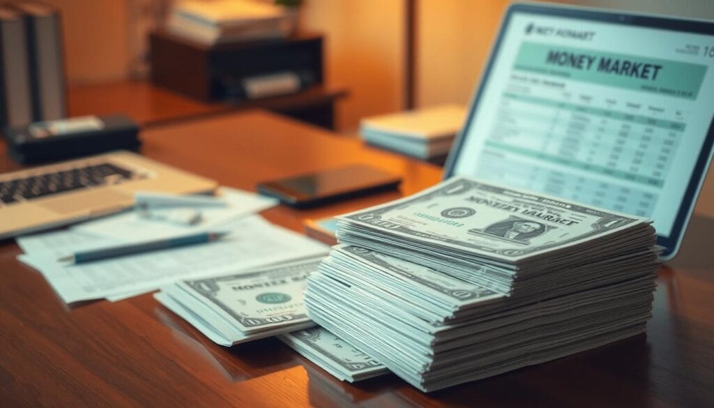 A neatly organized office desk with a laptop, financial documents, and a money market account statement. In the middle ground, stacks of dividend-paying stock certificates in varying denominations, conveying a sense of prudent wealth generation. The background features a soft, warm lighting that casts a professional, yet inviting atmosphere. The overall scene strikes a balance between digital and physical assets, reflecting a diversified investment strategy tailored for seniors seeking reliable returns. A neatly organized office desk with a laptop, financial documents, and a money market account statement. In the middle ground, stacks of dividend-paying stock certificates in varying denominations, conveying a sense of prudent wealth generation. The background features a soft, warm lighting that casts a professional, yet inviting atmosphere. The overall scene strikes a balance between digital and physical assets, reflecting a diversified investment strategy tailored for seniors seeking reliable returns.