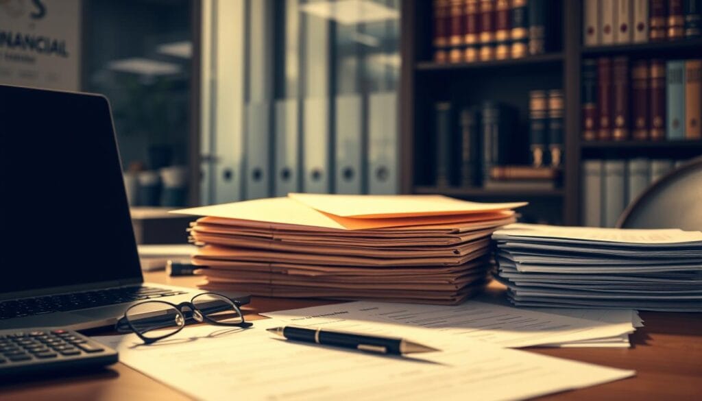 A neatly organized office desk with various financial documents, folders, and a laptop computer. The desk is illuminated by soft, natural lighting that casts a warm, inviting glow. In the foreground, a pair of eyeglasses, a pen, and a calculator sit alongside the documents, suggesting a detailed inventory of assets. The middle ground features a stack of manila folders, each labeled with categories like "Investments," "Real Estate," and "Insurance Policies." The background showcases a bookshelf filled with financial reference materials, adding a sense of professionalism and authority to the scene.