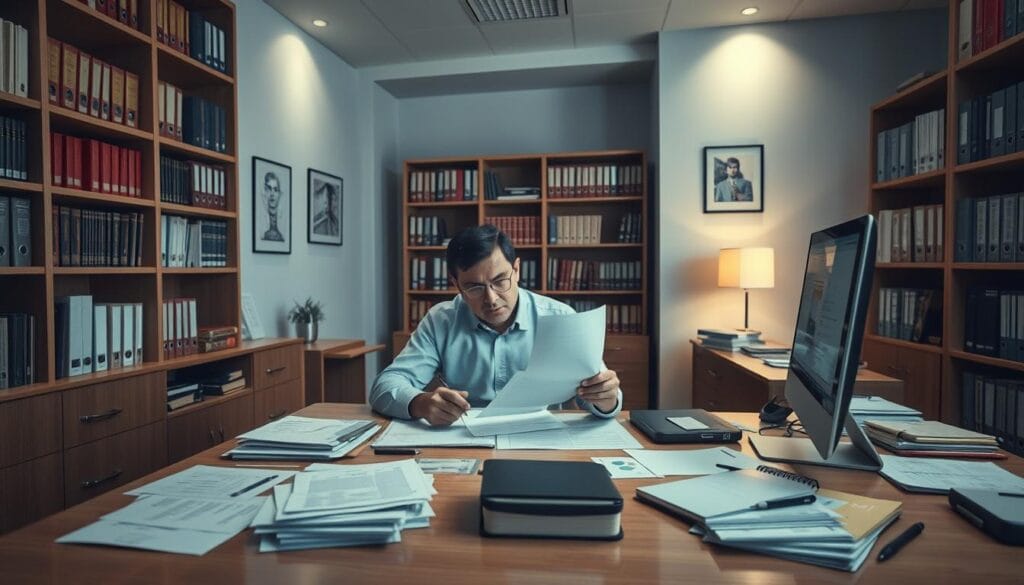 A neatly organized office with a large desk, a computer, and various financial documents. A financial advisor sits at the desk, intently reviewing paperwork and using a calculator. The walls are adorned with shelves filled with books and folders, creating a professional and knowledgeable atmosphere. Soft, directional lighting illuminates the scene, casting subtle shadows and highlighting the details of the advisor's work. The overall mood is one of focused contemplation, with the advisor deeply engaged in the process of tax planning and strategy development.