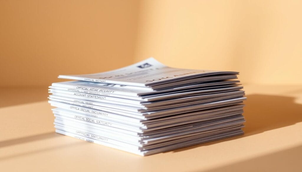 A neatly organized stack of official Social Security account statements, depicting a comprehensive inventory of income sources for retirement planning. The documents are set against a clean, minimalist background, with a warm, muted color palette evoking a sense of financial stability and security. The lighting is soft and diffused, casting gentle shadows that add depth and dimension to the scene. The composition is balanced, with the statements taking up the majority of the frame, conveying the importance of these records in the overall planning process. The atmosphere is one of professionalism and attention to detail, reflecting the care and consideration required for effective retirement income strategies.