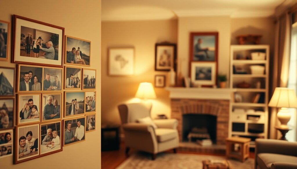 A nostalgic photo timeline showcasing the vibrant life of a retiree, captured in a warm, sepia-toned atmosphere. The foreground features a neatly arranged collage of cherished memories - family gatherings, travel adventures, and milestone celebrations, framed in vintage-style borders. The middle ground showcases a well-lived life, with a comfortable armchair, a cozy fireplace, and shelves filled with keepsakes and mementos. The background is a softly blurred living room, bathed in the gentle glow of a table lamp, evoking a sense of tranquility and contentment. The overall composition conveys a sense of personal history, accomplishment, and the warmth of a life well-lived. A nostalgic photo timeline showcasing the vibrant life of a retiree, captured in a warm, sepia-toned atmosphere. The foreground features a neatly arranged collage of cherished memories - family gatherings, travel adventures, and milestone celebrations, framed in vintage-style borders. The middle ground showcases a well-lived life, with a comfortable armchair, a cozy fireplace, and shelves filled with keepsakes and mementos. The background is a softly blurred living room, bathed in the gentle glow of a table lamp, evoking a sense of tranquility and contentment. The overall composition conveys a sense of personal history, accomplishment, and the warmth of a life well-lived.