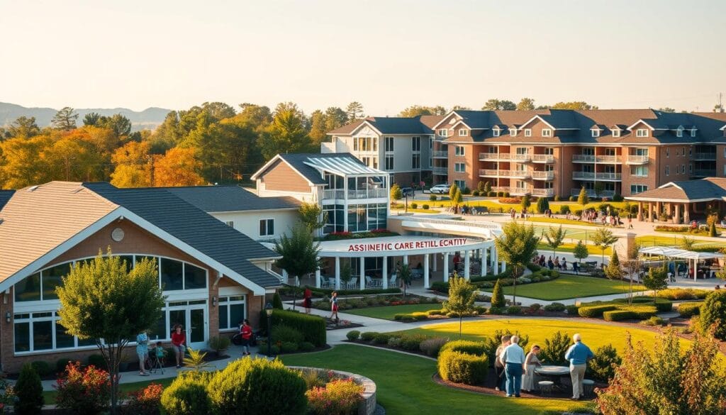 A panoramic scene showcasing various types of senior living communities. In the foreground, a well-manicured retirement home with a warm, inviting exterior and residents engaging in outdoor activities. In the middle ground, a modern assisted living facility with a focus on community and wellness. In the background, a lively continuing care retirement community with a mix of independent living, assisted living, and nursing care options. The scene is bathed in soft, natural lighting, conveying a sense of comfort and security. The overall atmosphere evokes a vibrant, yet serene, lifestyle for seniors. A panoramic scene showcasing various types of senior living communities. In the foreground, a well-manicured retirement home with a warm, inviting exterior and residents engaging in outdoor activities. In the middle ground, a modern assisted living facility with a focus on community and wellness. In the background, a lively continuing care retirement community with a mix of independent living, assisted living, and nursing care options. The scene is bathed in soft, natural lighting, conveying a sense of comfort and security. The overall atmosphere evokes a vibrant, yet serene, lifestyle for seniors.