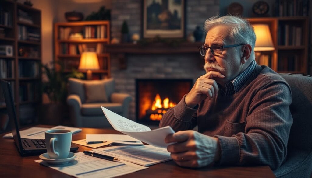 A peaceful home office, dimly lit by warm lamps, showcasing various financial documents, a calculator, and a thoughtful retiree pondering their retirement savings. In the background, a cozy fireplace and bookshelves create a comforting atmosphere, while the foreground features a cup of tea, a pen, and a contemplative expression on the retiree's face, reflecting the careful coordination of their 457 plan and other retirement accounts.