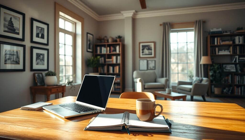A peaceful home office setting with a structured daily routine. In the foreground, a wooden desk with a laptop, planner, and cup of coffee. A large window floods the room with soft, natural lighting, casting a warm glow. On the walls, framed art and shelves of books create a cozy, intellectual atmosphere. In the background, a bookshelf and a comfortable armchair suggest a space for relaxation and contemplation. The overall mood is one of tranquility and focus, reflecting the mindful transition into retirement. A peaceful home office setting with a structured daily routine. In the foreground, a wooden desk with a laptop, planner, and cup of coffee. A large window floods the room with soft, natural lighting, casting a warm glow. On the walls, framed art and shelves of books create a cozy, intellectual atmosphere. In the background, a bookshelf and a comfortable armchair suggest a space for relaxation and contemplation. The overall mood is one of tranquility and focus, reflecting the mindful transition into retirement.