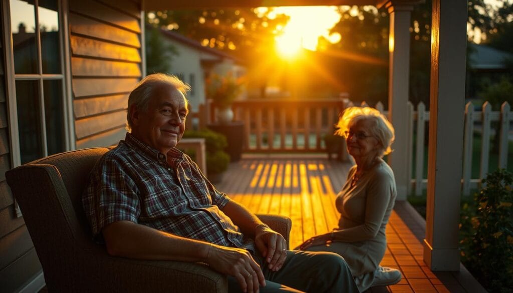 A peaceful retired couple enjoying the sunset on their front porch, the husband sitting in a comfortable armchair and the wife resting her head on his shoulder. Warm, golden lighting illuminates their weathered but content faces, casting long shadows across the wooden deck. In the background, a well-tended garden and a picket fence frame the scene, suggesting a lifetime of care and tranquility. The atmosphere is one of quiet contemplation and the fulfillment that comes with a life well-lived. A peaceful retired couple enjoying the sunset on their front porch, the husband sitting in a comfortable armchair and the wife resting her head on his shoulder. Warm, golden lighting illuminates their weathered but content faces, casting long shadows across the wooden deck. In the background, a well-tended garden and a picket fence frame the scene, suggesting a lifetime of care and tranquility. The atmosphere is one of quiet contemplation and the fulfillment that comes with a life well-lived.