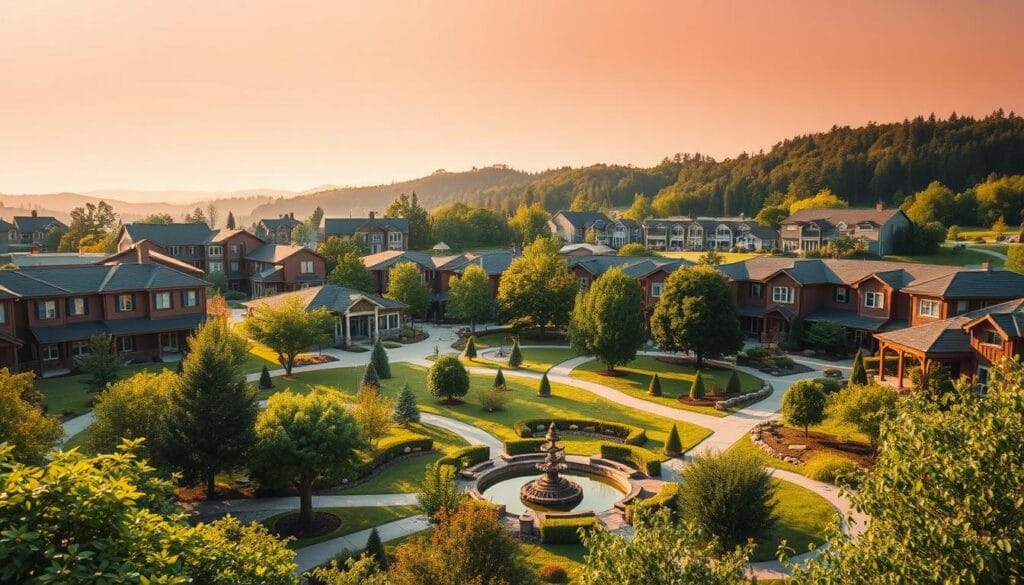 A peaceful retirement community nestled in a lush, verdant landscape. In the foreground, a serene central courtyard with a tranquil water feature and lush greenery, surrounded by cozy, well-designed residential buildings. In the middle ground, a range of care facilities, from independent living units to assisted living and skilled nursing, each with its own distinct architectural style blending seamlessly. In the background, a warm, diffused natural lighting illuminates the scene, creating a sense of comfort and well-being. The overall atmosphere conveys a harmonious balance of independence, support, and community, reflecting the "Levels of Care and Health Support" that define a comprehensive retirement living experience. A peaceful retirement community nestled in a lush, verdant landscape. In the foreground, a serene central courtyard with a tranquil water feature and lush greenery, surrounded by cozy, well-designed residential buildings. In the middle ground, a range of care facilities, from independent living units to assisted living and skilled nursing, each with its own distinct architectural style blending seamlessly. In the background, a warm, diffused natural lighting illuminates the scene, creating a sense of comfort and well-being. The overall atmosphere conveys a harmonious balance of independence, support, and community, reflecting the "Levels of Care and Health Support" that define a comprehensive retirement living experience.