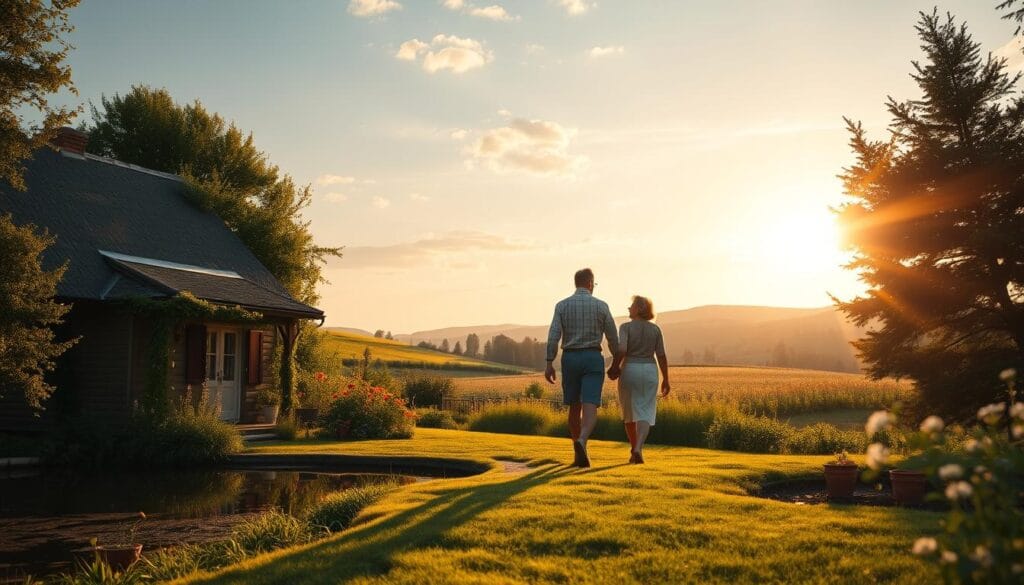 A peaceful retirement scene. In the foreground, a cozy cottage with a well-tended garden, surrounded by lush greenery. A serene pond reflects the tranquil sky. In the middle ground, a couple strolls hand-in-hand, gazing contentedly at the landscape. Warm, golden sunlight filters through the trees, casting a soft glow. In the background, rolling hills dotted with wildflowers create a picturesque horizon. The atmosphere is one of relaxation, fulfillment, and a sense of hard-earned leisure. The overall mood evokes a well-planned, financially secure, and thoroughly enjoyable retirement.