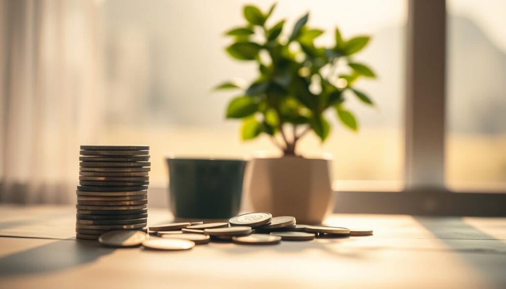 A peaceful, serene scene of retirement savings, captured in a warm, inviting light. In the foreground, a neatly stacked pile of coins and bills, representing the steady growth of a well-tended retirement fund. In the middle ground, a potted plant symbolizing the long-term sustainability of these savings, its lush foliage casting gentle shadows. In the background, a tranquil, softly blurred landscape, conveying a sense of financial security and the freedom to enjoy the golden years. The overall atmosphere is one of calm, accomplished, and well-planned preparation for a comfortable retirement. A peaceful, serene scene of retirement savings, captured in a warm, inviting light. In the foreground, a neatly stacked pile of coins and bills, representing the steady growth of a well-tended retirement fund. In the middle ground, a potted plant symbolizing the long-term sustainability of these savings, its lush foliage casting gentle shadows. In the background, a tranquil, softly blurred landscape, conveying a sense of financial security and the freedom to enjoy the golden years. The overall atmosphere is one of calm, accomplished, and well-planned preparation for a comfortable retirement.