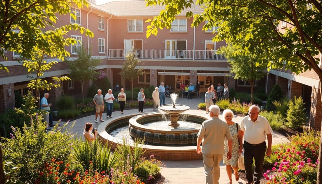 A peaceful, sun-drenched courtyard in a senior living community. Lush greenery and colorful flowers frame a central water feature, where residents gather to socialize and enjoy the tranquil ambiance. Warm, diffused lighting casts a soft glow, creating an atmosphere of comfort and relaxation. In the background, the facade of a well-maintained, modern building with clean architectural lines and inviting entryways. Seniors stroll leisurely, engaging in conversation or simply taking in the serene surroundings. The scene evokes a sense of community, wellness, and the dignified, fulfilling lifestyle associated with retirement living. A peaceful, sun-drenched courtyard in a senior living community. Lush greenery and colorful flowers frame a central water feature, where residents gather to socialize and enjoy the tranquil ambiance. Warm, diffused lighting casts a soft glow, creating an atmosphere of comfort and relaxation. In the background, the facade of a well-maintained, modern building with clean architectural lines and inviting entryways. Seniors stroll leisurely, engaging in conversation or simply taking in the serene surroundings. The scene evokes a sense of community, wellness, and the dignified, fulfilling lifestyle associated with retirement living.