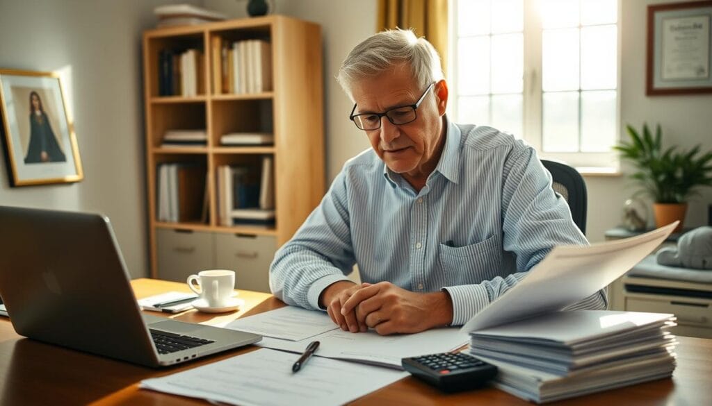 A peaceful, sun-drenched office setting, with a desk featuring a laptop, a cup of coffee, and a stack of financial documents. On the desk, a calculator and a pen are poised, ready to assist with calculations. In the background, a bookshelf filled with financial books and a framed diploma add an air of professionalism. The lighting is soft and warm, creating a productive and contemplative atmosphere. The focal point is a senior individual, dressed in a crisp, button-down shirt, deeply engaged in reviewing the documents, representing the "special catch-up contributions" concept. A peaceful, sun-drenched office setting, with a desk featuring a laptop, a cup of coffee, and a stack of financial documents. On the desk, a calculator and a pen are poised, ready to assist with calculations. In the background, a bookshelf filled with financial books and a framed diploma add an air of professionalism. The lighting is soft and warm, creating a productive and contemplative atmosphere. The focal point is a senior individual, dressed in a crisp, button-down shirt, deeply engaged in reviewing the documents, representing the "special catch-up contributions" concept.