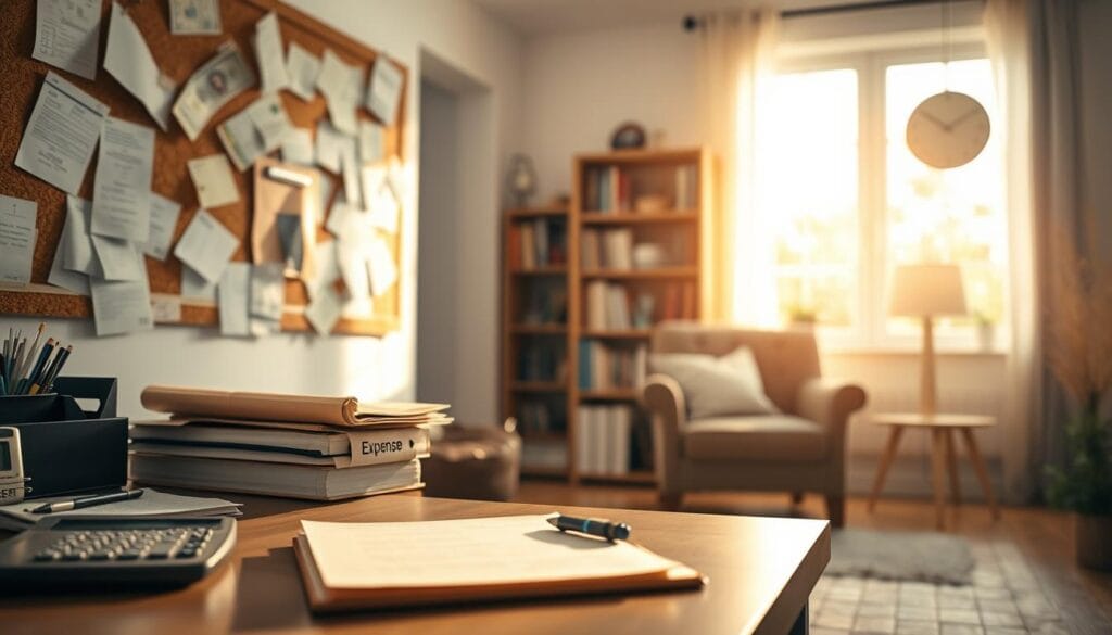 A peaceful, sun-lit home interior with soft, warm lighting. In the foreground, a neatly organized desk displays essential items like a calculator, pen, and a folder labeled "Expenses". On the wall, a cork board displays various bills, receipts, and notes, representing the varied financial obligations. In the middle ground, a comfortable armchair sits by a bookshelf filled with personal finance books. The background gently blurs, creating a sense of tranquility, as if the viewer is immersed in the thoughtful process of retirement budgeting.