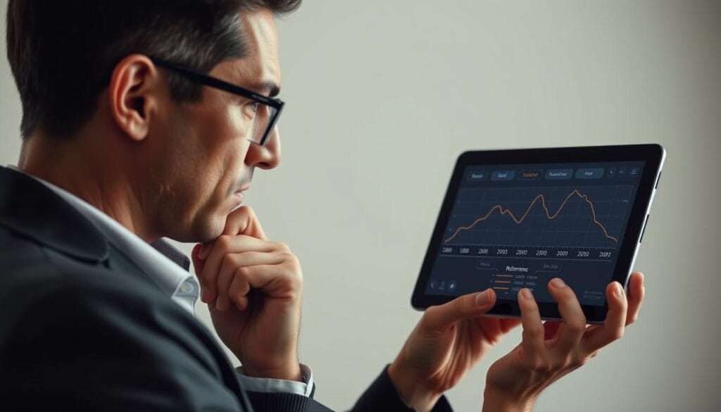 A pensive individual contemplating a graph displaying investment returns, set against a neutral background with soft, diffused lighting. The foreground features the person, dressed in business casual attire, intently studying the chart on a digital tablet. The middle ground showcases the graph, rendered in muted tones, conveying the nuances of real versus nominal returns in retirement planning. The background maintains a sense of contemplative calm, allowing the viewer to focus on the subject's thoughtful expression and the data visualization. The overall scene evokes a mood of thoughtful analysis and financial planning for the future. A pensive individual contemplating a graph displaying investment returns, set against a neutral background with soft, diffused lighting. The foreground features the person, dressed in business casual attire, intently studying the chart on a digital tablet. The middle ground showcases the graph, rendered in muted tones, conveying the nuances of real versus nominal returns in retirement planning. The background maintains a sense of contemplative calm, allowing the viewer to focus on the subject's thoughtful expression and the data visualization. The overall scene evokes a mood of thoughtful analysis and financial planning for the future.