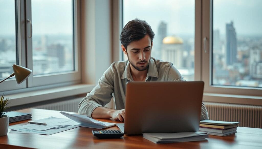 A person sitting at a desk, intently focused on a laptop, surrounded by financial documents and a calculator, symbolizing the process of meticulously rebuilding their credit after a difficult divorce. The scene is bathed in soft, warm lighting, evoking a sense of determination and hope. In the background, a window overlooks a cityscape, hinting at the gradual progress and recovery taking place. The composition conveys a sense of purposeful action, with the individual taking tangible steps to regain financial stability and control. A person sitting at a desk, intently focused on a laptop, surrounded by financial documents and a calculator, symbolizing the process of meticulously rebuilding their credit after a difficult divorce. The scene is bathed in soft, warm lighting, evoking a sense of determination and hope. In the background, a window overlooks a cityscape, hinting at the gradual progress and recovery taking place. The composition conveys a sense of purposeful action, with the individual taking tangible steps to regain financial stability and control.