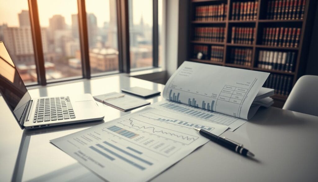 A pristine office desk, neatly organized, with a laptop, a pen, and a stack of documents. In the background, a bookshelf filled with legal tomes and a window overlooking a cityscape. Soft, warm lighting casts a professional, authoritative atmosphere. The documents on the desk feature financial charts, graphs, and calculations, conveying the complex intersection of divorce and credit. The overall mood is one of thoughtful analysis and sophisticated financial expertise. A pristine office desk, neatly organized, with a laptop, a pen, and a stack of documents. In the background, a bookshelf filled with legal tomes and a window overlooking a cityscape. Soft, warm lighting casts a professional, authoritative atmosphere. The documents on the desk feature financial charts, graphs, and calculations, conveying the complex intersection of divorce and credit. The overall mood is one of thoughtful analysis and sophisticated financial expertise.