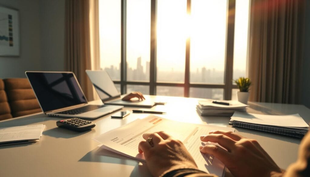 A pristine office desk with a laptop, calculator, and neat stack of documents. Warm sunlight streams through a large window, casting a soft glow on the scene. In the foreground, a person's hands are focused on reviewing credit reports, with a determined expression on their face. The background features a city skyline, symbolizing the journey towards financial recovery. The overall atmosphere conveys a sense of control, organization, and optimism amidst the challenges of improving one's credit score during a difficult transition. A pristine office desk with a laptop, calculator, and neat stack of documents. Warm sunlight streams through a large window, casting a soft glow on the scene. In the foreground, a person's hands are focused on reviewing credit reports, with a determined expression on their face. The background features a city skyline, symbolizing the journey towards financial recovery. The overall atmosphere conveys a sense of control, organization, and optimism amidst the challenges of improving one's credit score during a difficult transition.