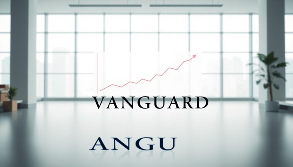 A pristine, sleek Vanguard logo at the forefront, conveying the brand's reputation for low-cost, reliable investment solutions. In the middle ground, a line graph depicting steady market growth, symbolizing Vanguard's prudent, long-term approach. In the background, a tranquil, minimalist office setting with floor-to-ceiling windows, evoking a sense of professionalism and financial stability. Soft, diffused lighting creates a calming, inviting atmosphere, while the composition maintains a balanced, symmetrical layout to reflect Vanguard's disciplined investment strategies.