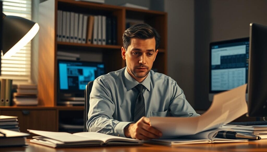 A professional businessperson in a collared shirt and tie sits at a desk, studying financial documents intently. Behind them, a bookshelf filled with ledgers and a computer monitor displaying credit card statements. Soft, directional lighting illuminates the scene, creating a warm, focused atmosphere. The person's expression is thoughtful, conveying the importance of effective communication strategies when negotiating with credit card issuers. The overall scene suggests a sense of diligence, attention to detail, and a commitment to finding a favorable financial outcome. A professional businessperson in a collared shirt and tie sits at a desk, studying financial documents intently. Behind them, a bookshelf filled with ledgers and a computer monitor displaying credit card statements. Soft, directional lighting illuminates the scene, creating a warm, focused atmosphere. The person's expression is thoughtful, conveying the importance of effective communication strategies when negotiating with credit card issuers. The overall scene suggests a sense of diligence, attention to detail, and a commitment to finding a favorable financial outcome.