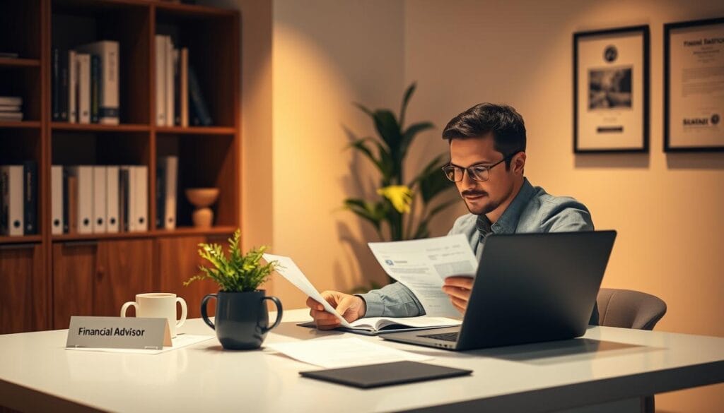 A professional financial advisor sitting at a sleek, modern desk, reviewing financial documents and reports on a laptop. The lighting is warm and directional, creating a soft, inviting atmosphere. The desk is adorned with a potted plant, a mug of coffee, and a nameplate that reads "Financial Advisor". In the background, a bookshelf filled with financial reference books and a framed certificate or award on the wall, suggesting the advisor's expertise and credentials. The overall scene conveys a sense of trust, professionalism, and the importance of financial planning and advisory services.